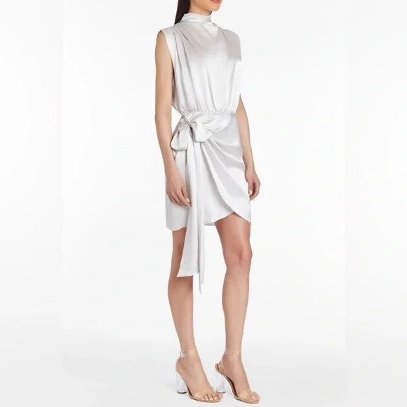 Amanda Uprichard NWT Ceramic Silver Fabiola Silk High Cowl Neck Mini Dresss